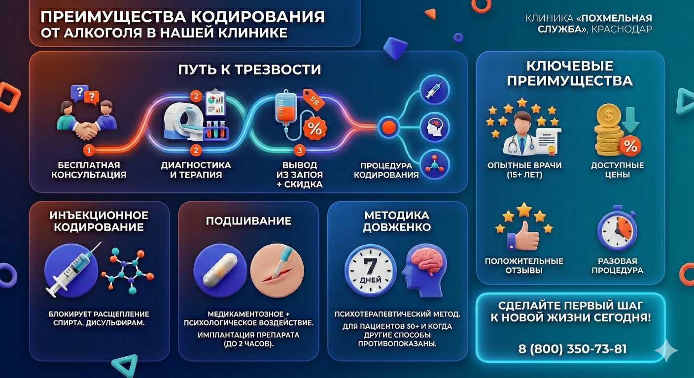 Инфографика о методах кодирования от алкоголя в Октябрьском: инъекции, подшивание, метод Довженко. Преимущества клиники и этапы лечения.
