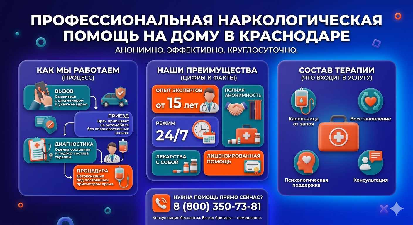 Инфографика о принципах лечения алкоголизма на дому в Октябрьском: этапы вызова нарколога, преимущества анонимной детоксикации и состав медицинской помощи.